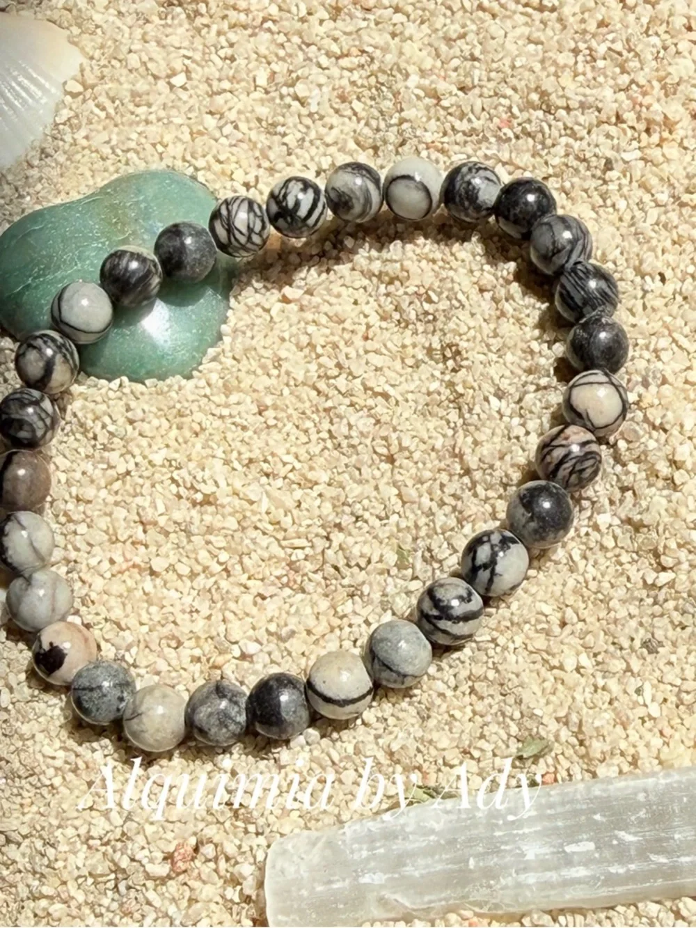 Alquimia Black and White Marbled Jasper Beaded Stretch Bracelet